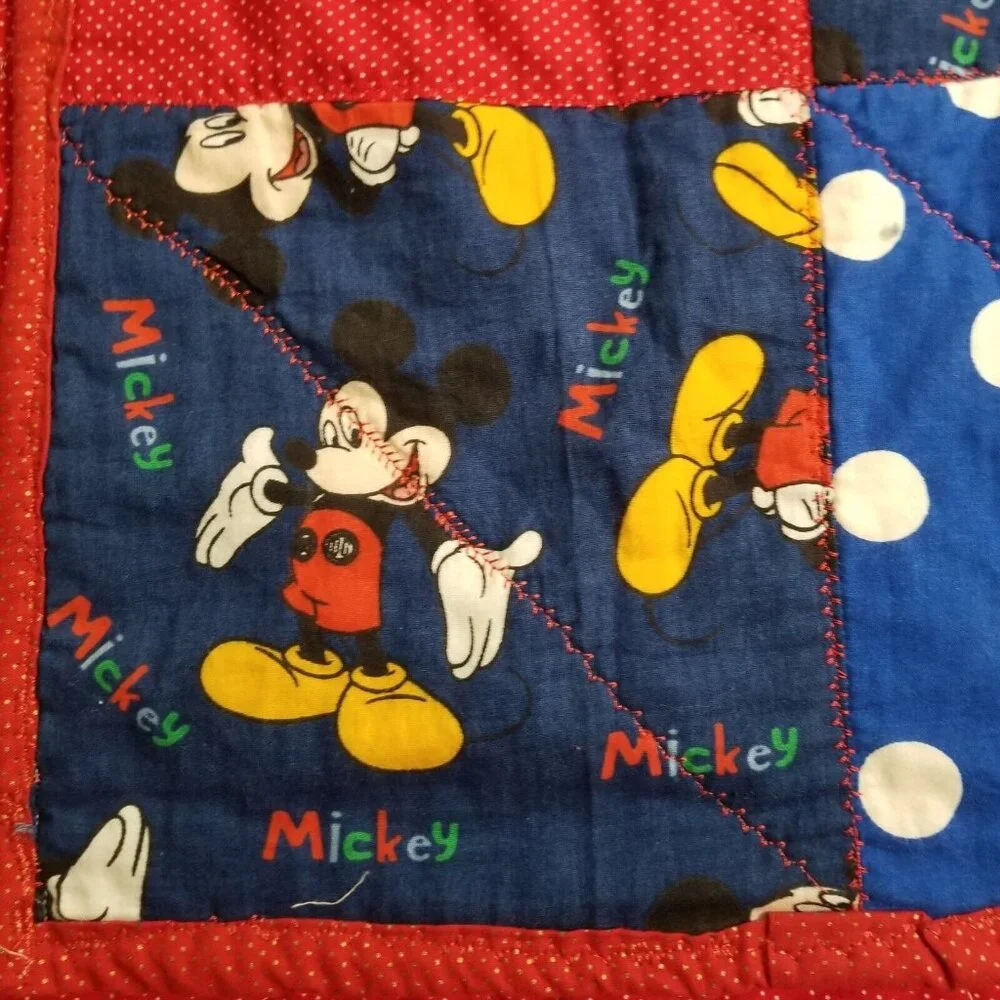 vtg‎ handmade mickey mouse quilt blanket throw crib 36x51
